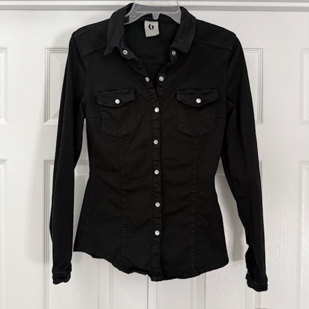 SIX Stretch Black Denim Jacket With Pearl Buttons